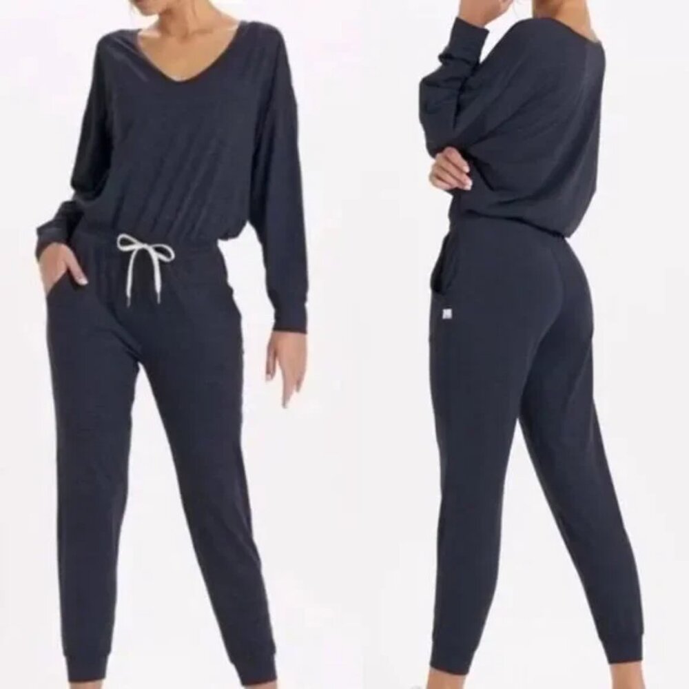 VUORI Lux Long Sleeve V Neck Midnight Heather Knit Drawstring Jumpsuit Small